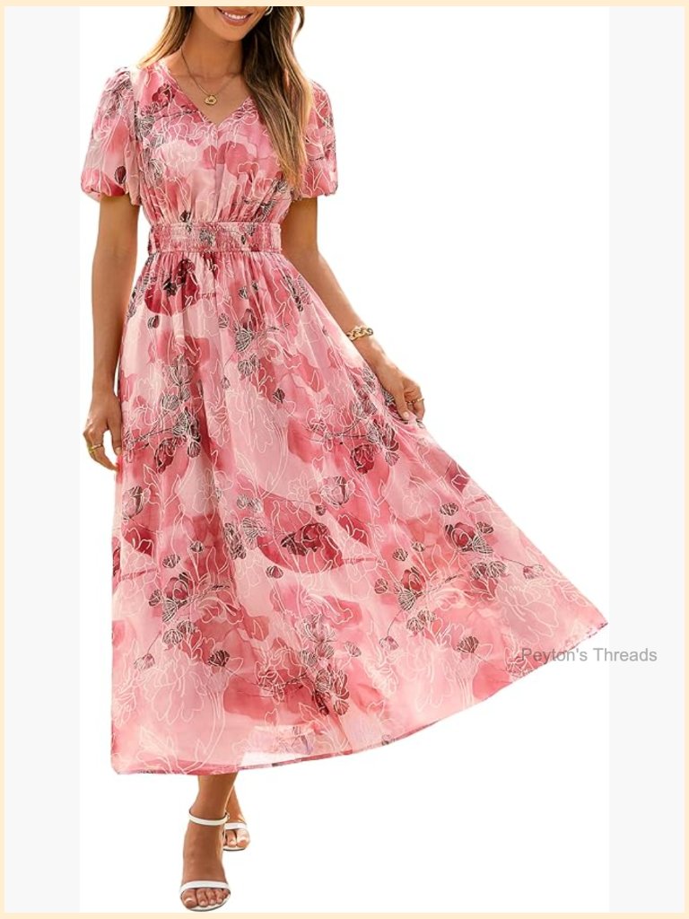 V Neck Maxi Dress Puff Short Sleeve Flowy Boho Wedding Guest Chiffon